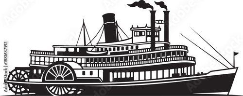 Vintage steamboat, paddlewheel riverboat, black and white illustration, vector graphic