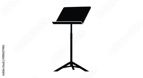 A stark black music stand is prominently displayed against a white background silhouette