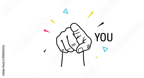 Black and white line drawing of a hand pointing forward with the word YOU written next to it on a white background.