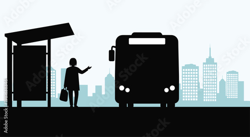 Silhouette of a woman standing at a city bus stop waiting for public transportation with urban buildings in the distance.