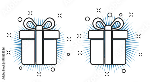 Pair of gift box icons with ribbons and bows surrounded by decorative rays and dots in a clean vector style.