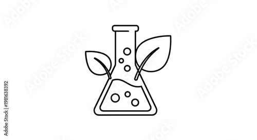 Laboratory flask filled with liquid and bubbles with leaves growing out of the sides in a thin black line art style.
