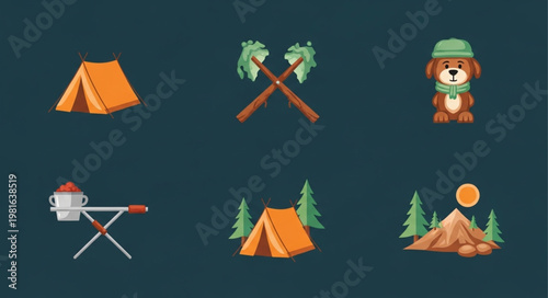 Camping Adventure Icons - Tent, Axes, Bear, Cookware, and Nature Scenes.
