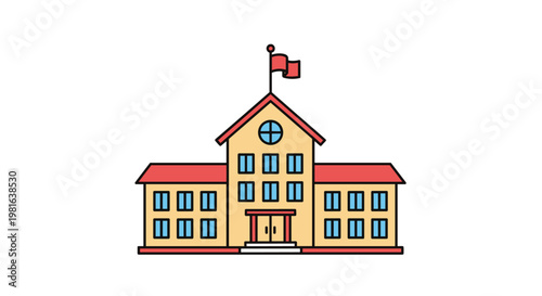 Classic two-story school building with a clock, flag, and multiple windows in a clean flat vector illustration style.