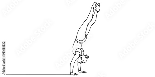 A minimalist single line drawing of an athletic gymnast performing a perfect vertical handstand.