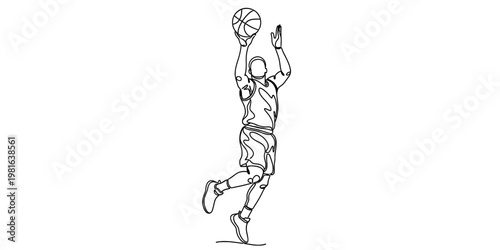Minimalist continuous line drawing of a basketball player jumping up to make a powerful shot.