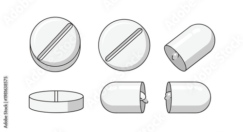 Various white medical pills and capsules shown from different angles including tablets and open capsules for pharmaceutical use.