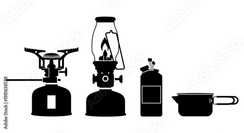 Camping Essentials - Stove, Lantern, Fuel, and Cooking Pot Illustration.