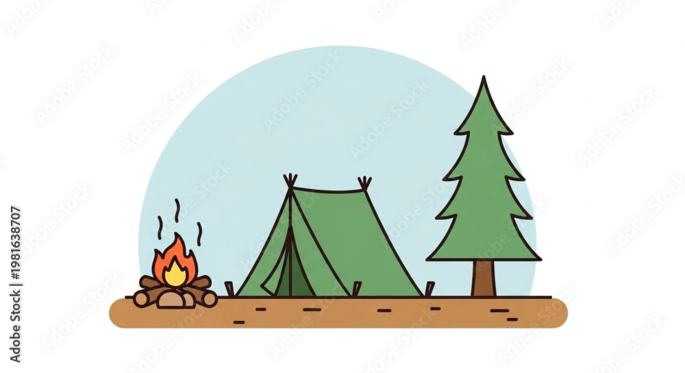 Fototapeta premium Camping Scene with Tent, Campfire, and Pine Tree Illustration.