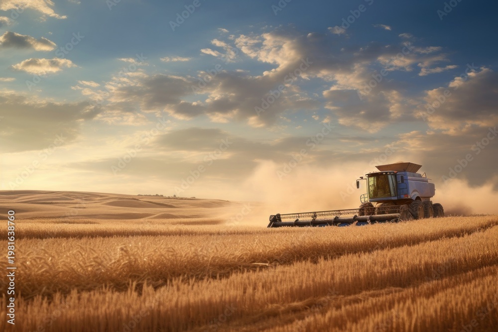 Fototapeta premium Tractor pulling grain cart field agriculture landscape.