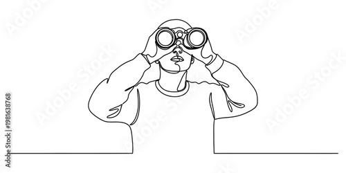 A continuous line drawing of a person using binoculars to look into the distance with curiosity.