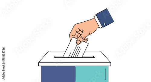Illustration of a hand in a blue suit sleeve placing a voting ballot into a white slot on a ballot box for an election.