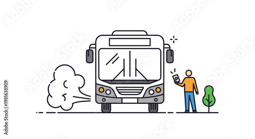 Illustration of a city bus stopping for a passenger holding a mobile phone next to a green tree on a clean background.