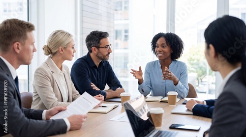 Photos Diverse business professionals collaborating in a bright modern office, discussing new strategies