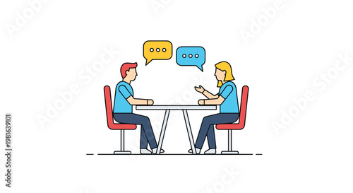 Two professional people sit at a table while communicating through speech bubbles in this colorful business meeting illustration.
