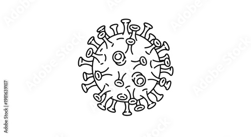 Microscopic coronavirus or virus cell illustration uses simple black line art to depict infectious disease and global health issues.