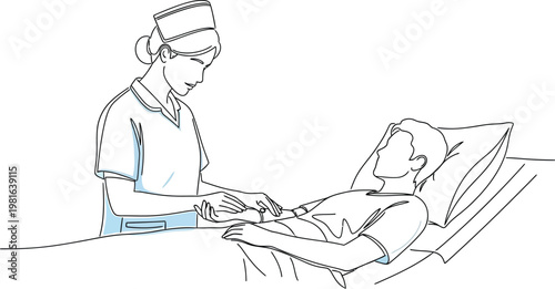 Professional nurse performs a medical check on a male patient lying in a hospital bed, showcasing essential healthcare services.