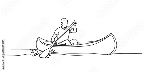 A continuous line drawing of a man paddling his canoe through calm water in a minimalist style