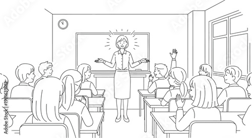 Enthusiastic female teacher stands in front of her classroom while students pay attention during a lesson in a school setting