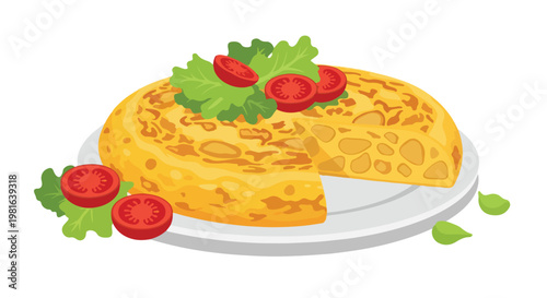 A vector illustration of a sliced potato omelet served with lettuce and tomatoes