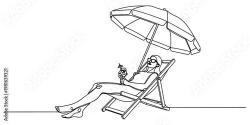 A continuous line drawing of a woman relaxing on a beach chair with a tropical cocktail drink