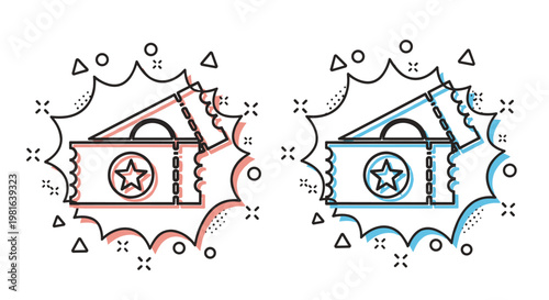 Two movie ticket icons displayed in comic book style bursts highlight entertainment events, cinema visits, or special show access.