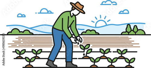 Farmer wearing a hat diligently sows seeds into the prepared soil, symbolizing agricultural work and growth with a sunrise backdrop.