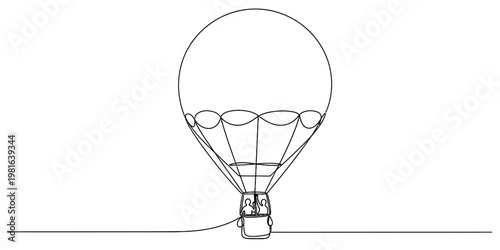 A continuous line drawing of a hot air balloon carrying passengers into the clear white sky