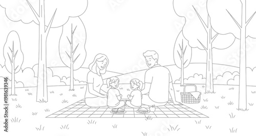 Happy family with two young daughters enjoying a delightful outdoor picnic together on a checkered blanket in a serene park setting.