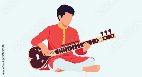 A flat illustration of a man playing a traditional string instrument while seated