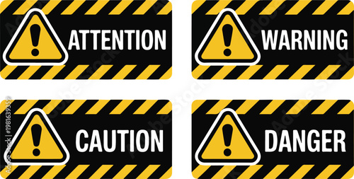 Clean vector illustration of industrial safety signs featuring attention warning and caution labels with exclamation mark symbols