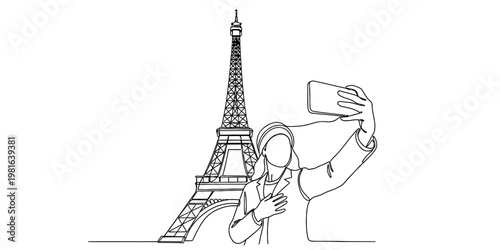A continuous line drawing of a stylish woman taking a selfie in front of the eiffel tower landmark
