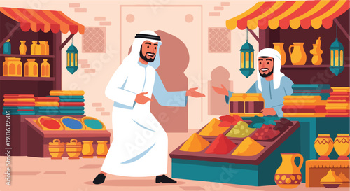 Men in traditional clothes shopping for spices and pottery at a vibrant bazaar