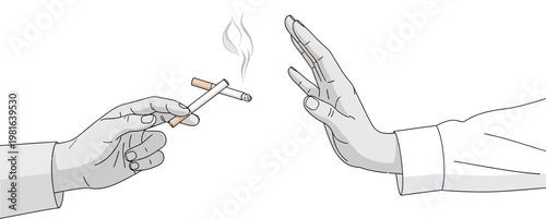An illustration depicting one person's hand offering cigarettes while another hand makes a clear stop gesture, symbolizing the refusal to smoke.