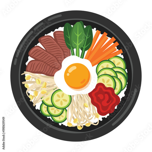 A top-down vector illustration of a bowl filled with rice, egg, and fresh veggies