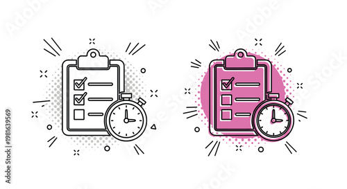 Performance tracking clipboard icons with stopwatches represent efficient task management and time sensitive work processes.