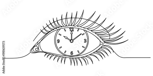 A surreal continuous line drawing of a human eye with a round clock face replacing the central iris