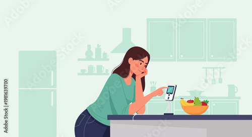 Woman checking blood glucose meter in kitchen, diabetes management, healthy lifestyle