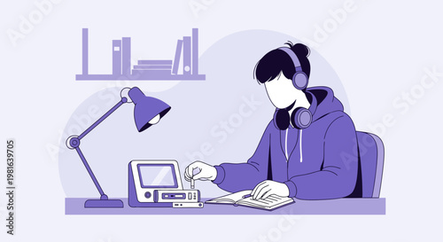 Teenager studying with headphones and cassette player, desk lamp, books, purple color scheme