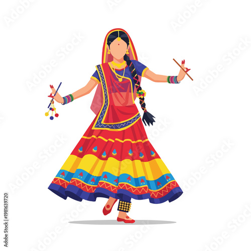 A woman in traditional Indian attire dancing with sticks in a festive pose