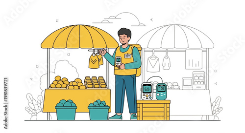 Vendor selling fresh produce at outdoor market stall with digital scales