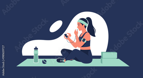 Woman checking fitness tracker after workout, sitting on yoga mat with water bottle