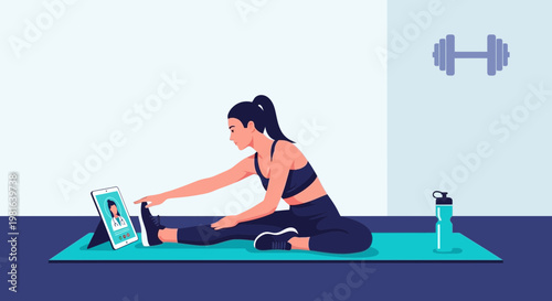Woman doing online fitness stretching exercise at home guided by video call