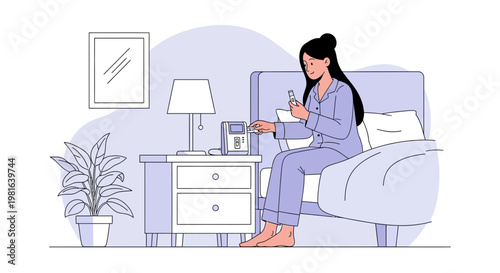 Woman in Pajamas Sitting on Bed, Taking Medication from Nightstand