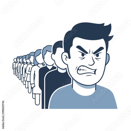An angry man leads a long queue of people standing in a line, white background
