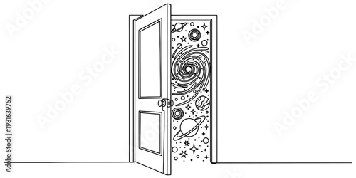 A black and white line art illustration showing an open door revealing a vast cosmic galaxy scene