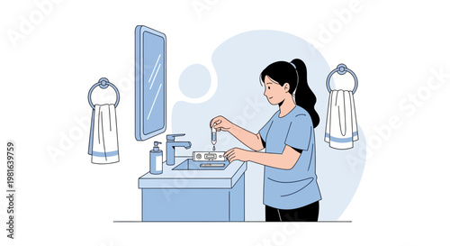 Woman performs pregnancy test in bathroom, healthcare and self-care concept