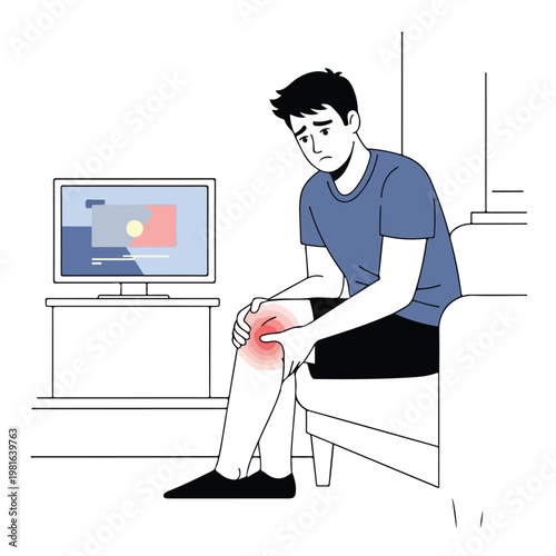A sad man sits on a couch and holds his knee due to severe physical joint pain