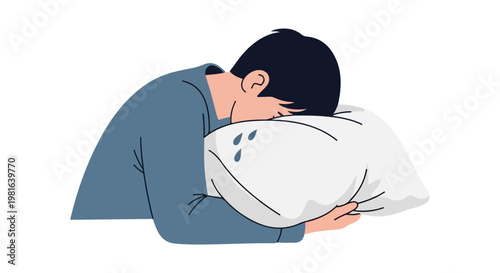 A young person wearing a blue shirt, crying while holding a white pillow