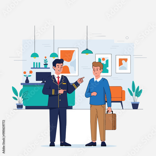  flat vector illustration of hotel concierge assisting guest,